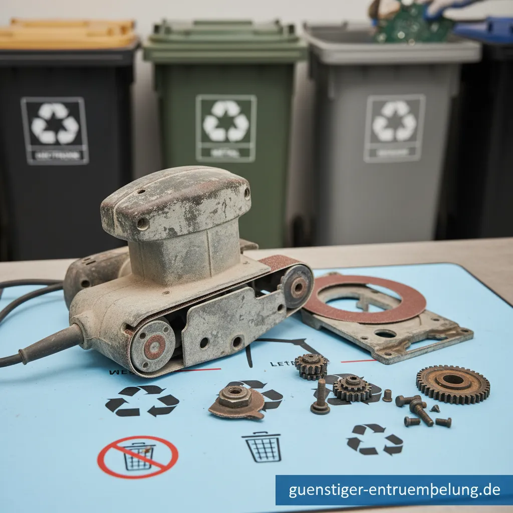 Ein alter Bandschleifer liegt auf einer Werkbank und ist bereit für die Entsorgung.