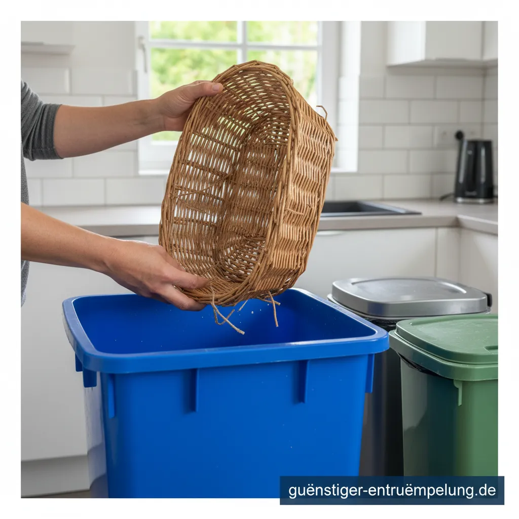 Ein alter geflochtener Brotkorb, der entsorgt werden soll.