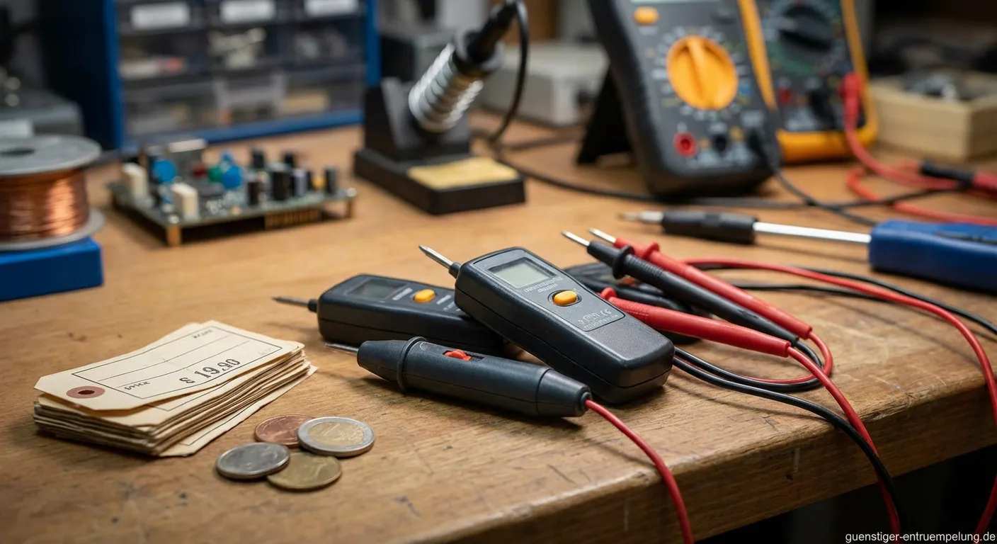 Digitaler Durchgangsprüfer und Multimeter auf einer Werkbank bereit zum Verkauf