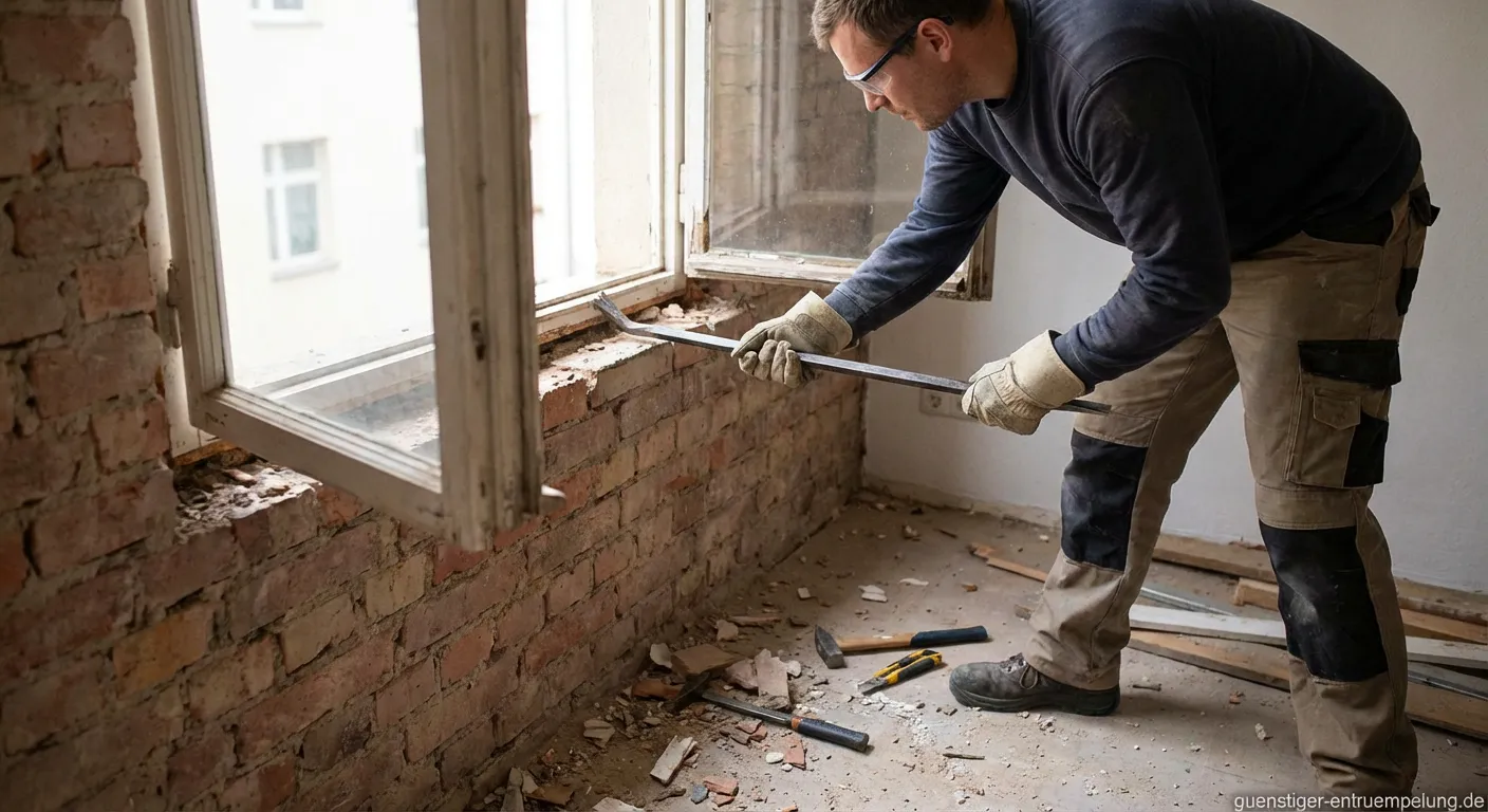 Heimwerker beim Fenster ausbauen mit Brecheisen und Schutzkleidung