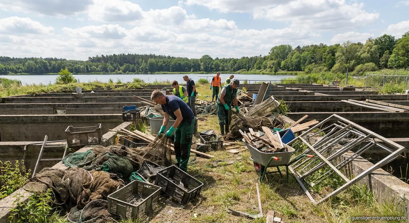 Arbeiter bei der Entrümpelung einer Fischzuchtanlage mit professionellem Equipment