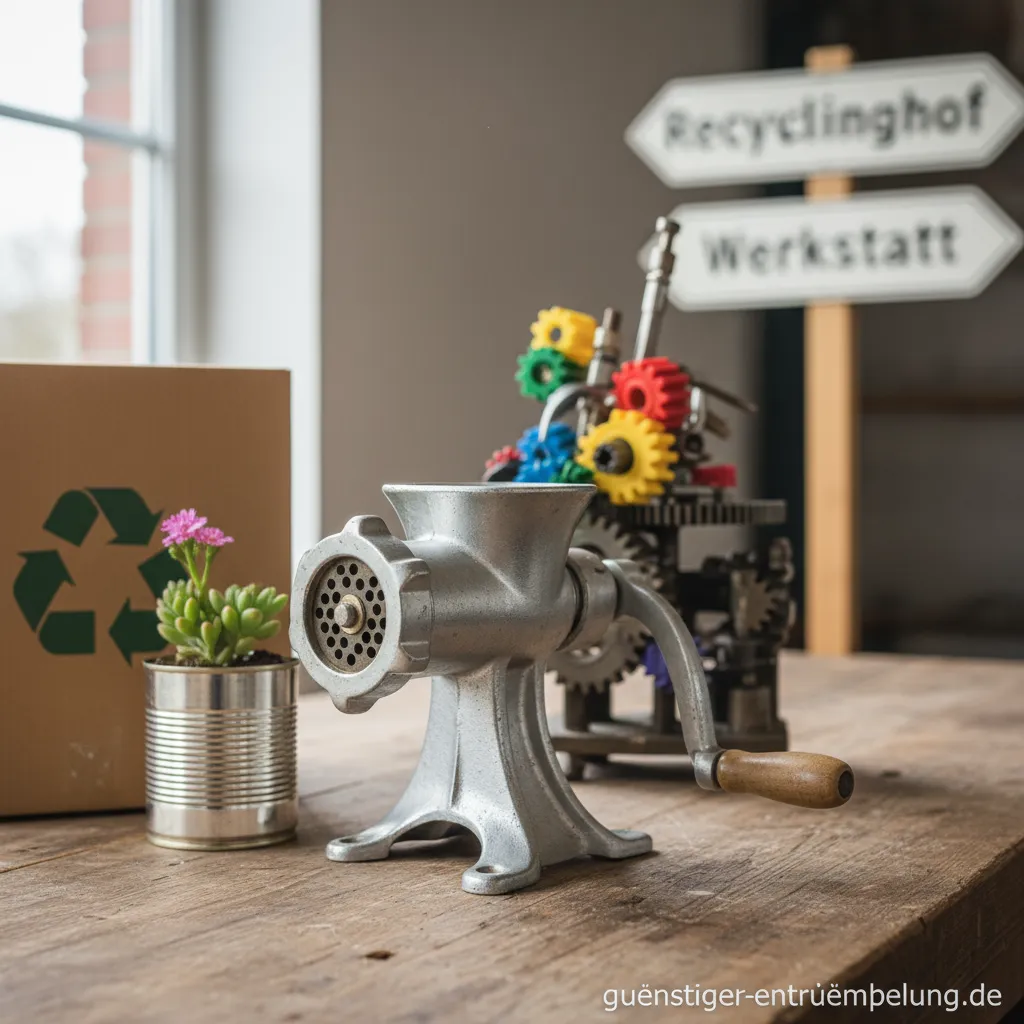 Ein alter Fleischwolf steht auf einer Werkbank zur Verwertung bereit