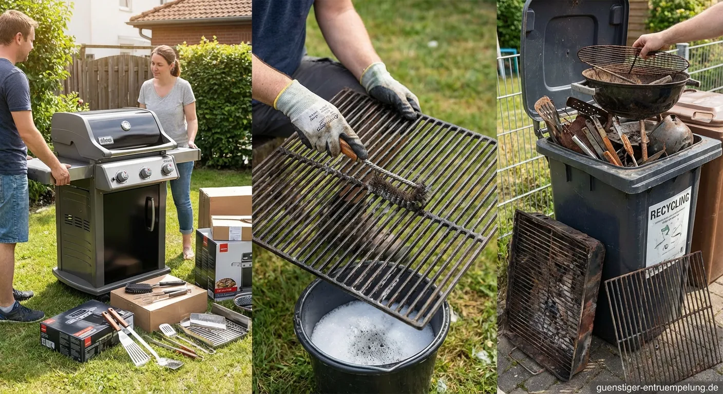 Moderner Gasgrill mit Grillzange, Bürste und weiterem Grill und Zubehör auf einer Terrasse