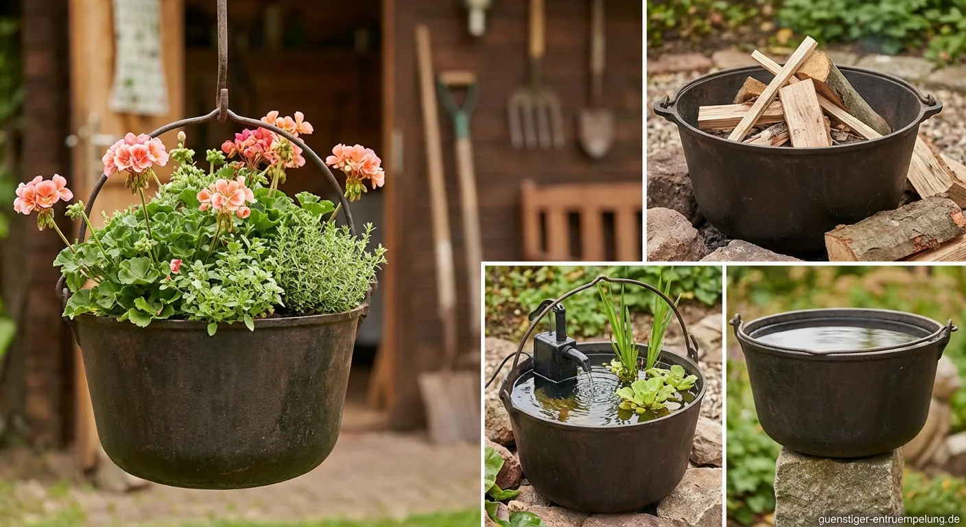 Alter Gulaschkessel aus Gusseisen oder Emaille im Garten zur Verwertung