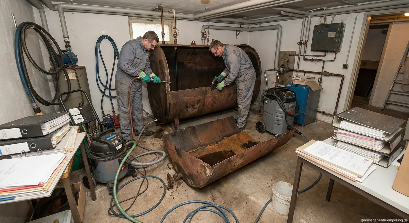 Fachmann reinigt Öltank vor dem Stilllegen im Keller