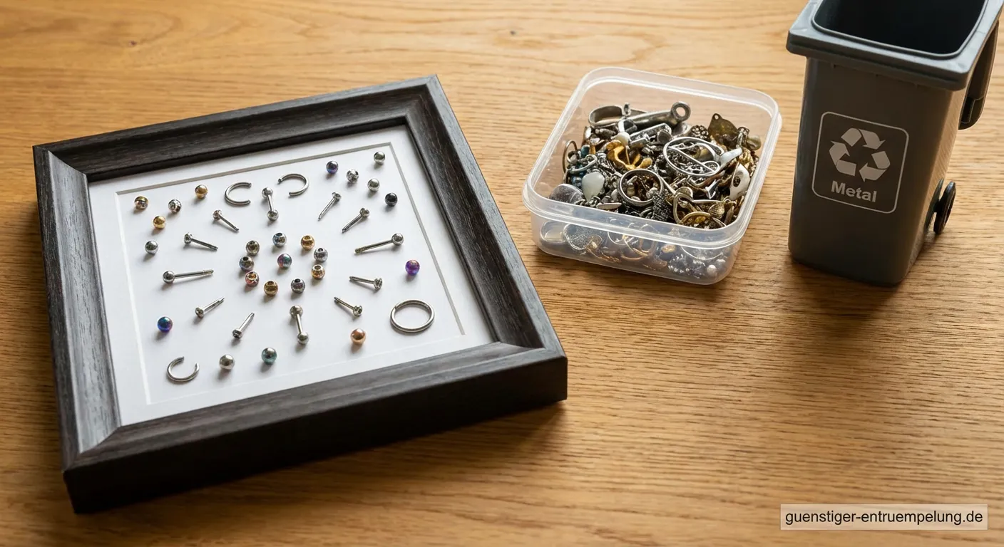 Sortiertes Piercing-Zubehör auf einem Tisch arrangiert