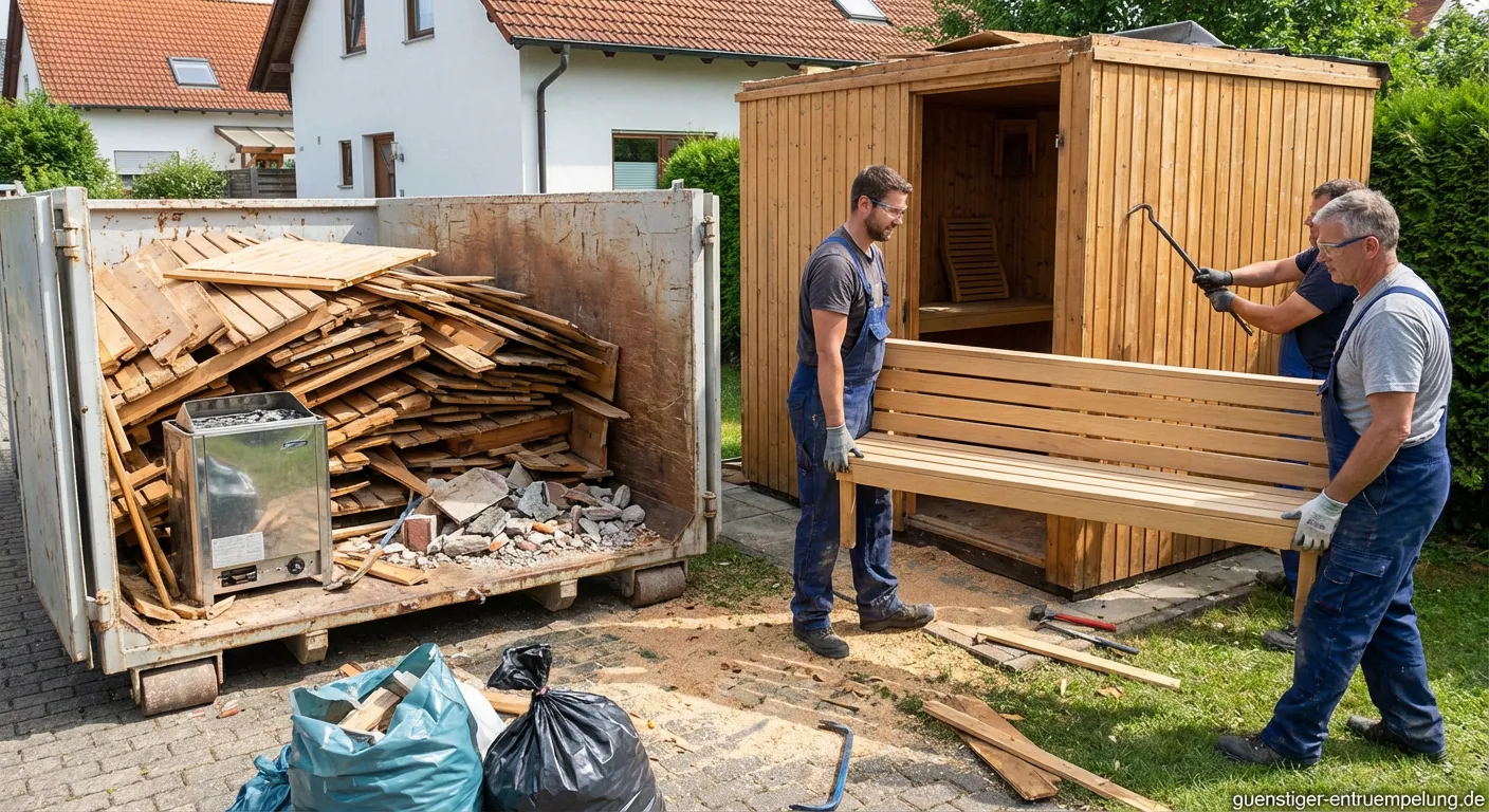 Zwei Arbeiter bei der Demontage eines Saunaraumes mit Werkzeugen