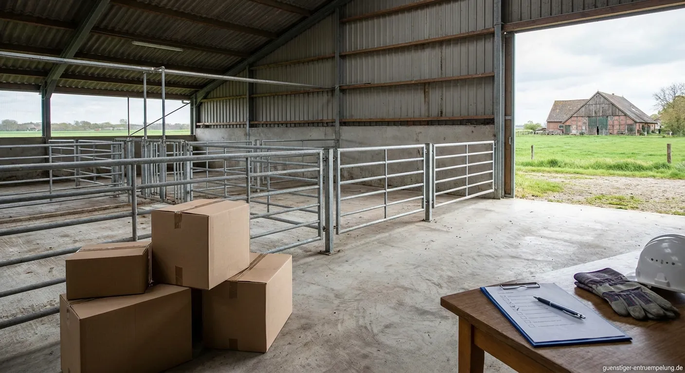 Leerer Schweinestall mit Fütterungsanlage nach der Auflösung