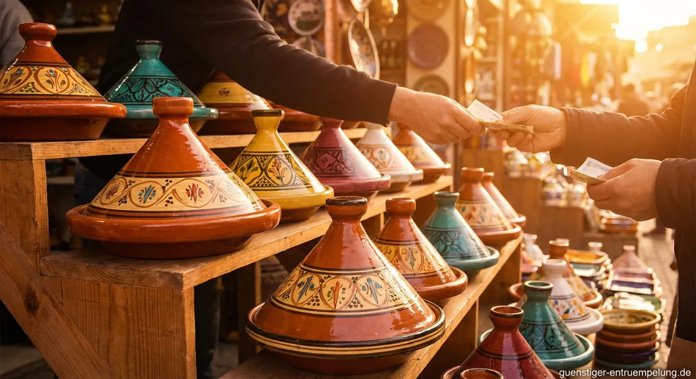 Traditionelle marokkanische Tajine aus Ton auf einem Holztisch