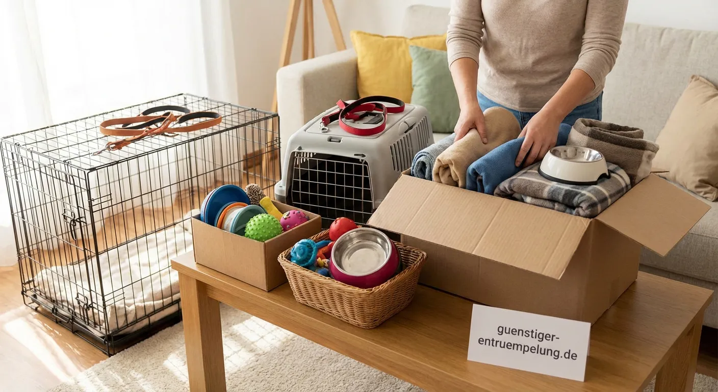 Kiste mit gebrauchtem Tierbedarf wie Leinen und Spielzeug zum Weitergeben